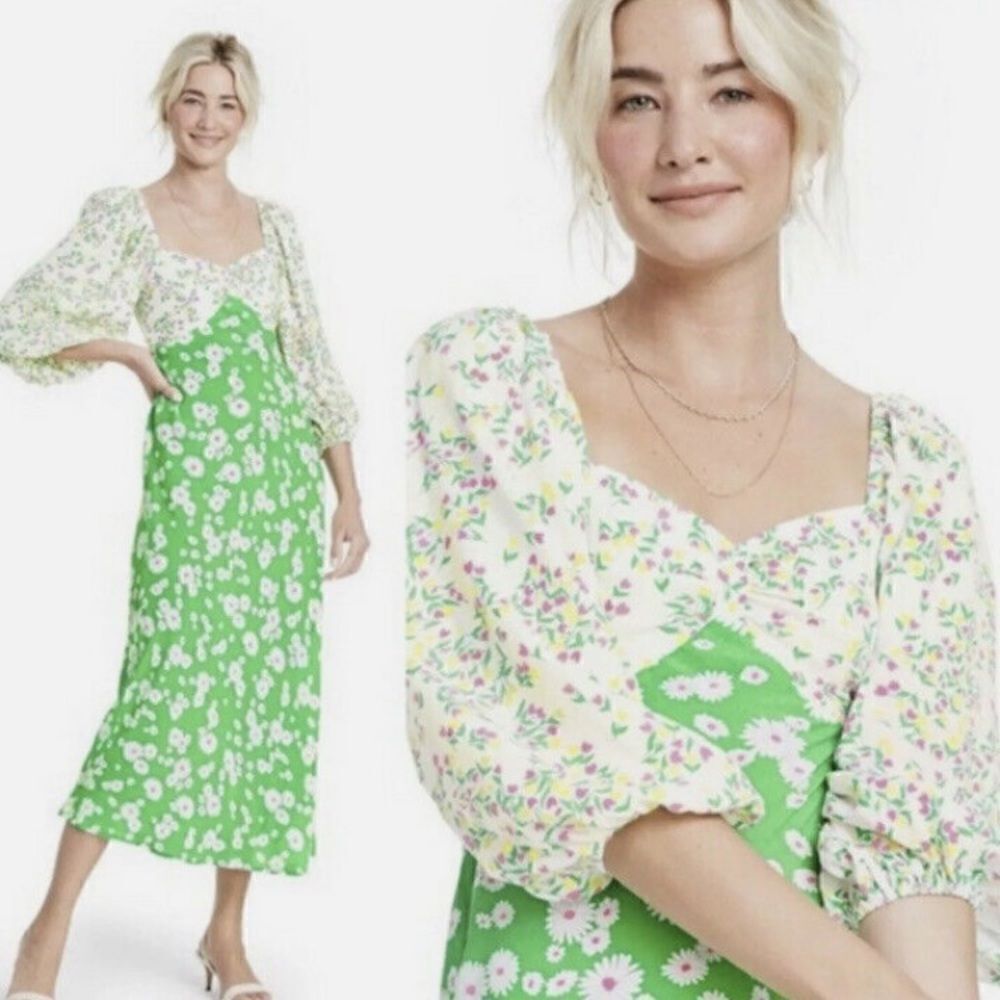 RIXO Green Daisy Long Puff Sleeve Sweetheart Neckline Floral Swing Midi Dress